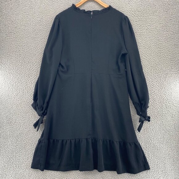 Ann Taylor Dress Womens 14 Black Embroidered Shift Long Balloon Sleeve Ruffle - Picture 3 of 10